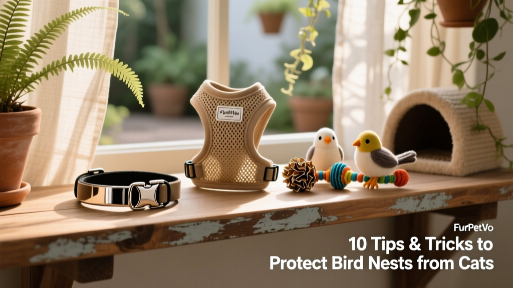 A curated selection of FurPetVo products: a reflective breakaway collar, a breathable mesh harness, and a set of interactive bird-safe toys displayed on a wooden shelf