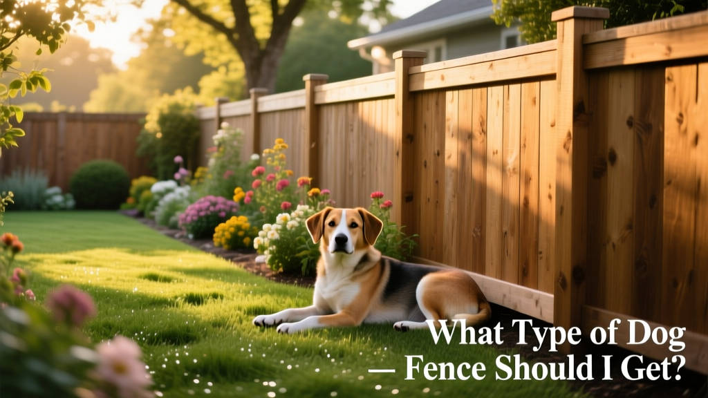 A well-maintained cedar privacy fence surrounding a lush backyard with a dog resting near the base