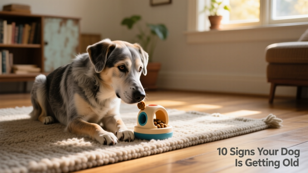 Senior mixed-breed dog calmly interacting with a slow-moving treat-dispensing puzzle toy on a rug