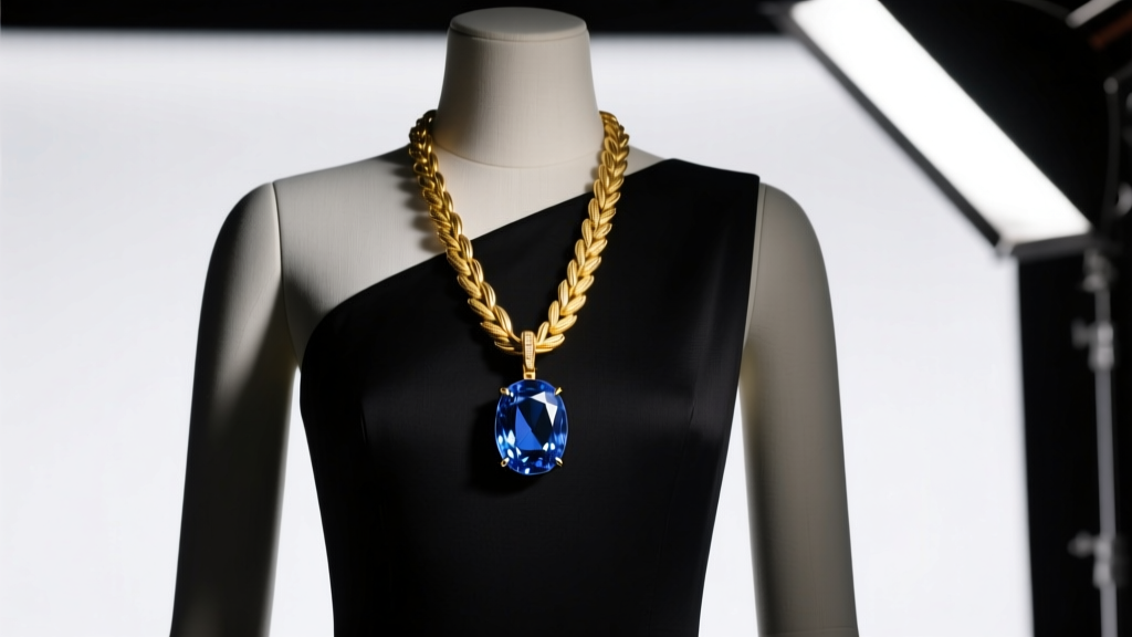Mannequin wearing a 15-carat oval Ceylon sapphire pendant on a thick 18k yellow gold wheat chain under dramatic studio lighting