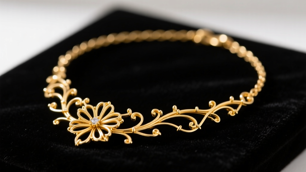 14k yellow gold filigree necklace on dark velvet, showing intricate floral wirework and tiny solder joints in soft lighting.