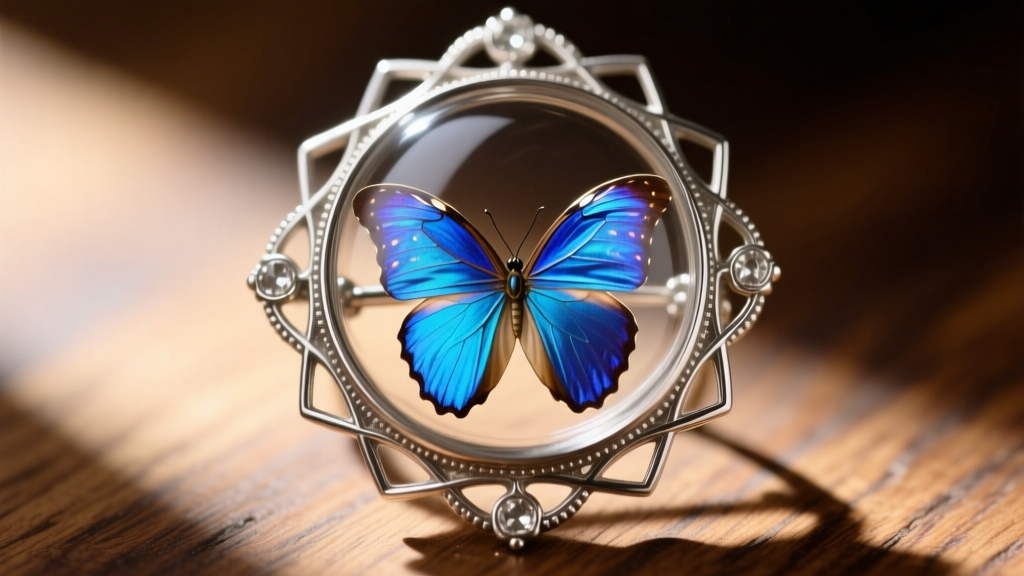Close-up of a 1930s Thomas L. Mott sterling silver brooch featuring a vibrant blue morpho butterfly wing under a domed glass bezel.