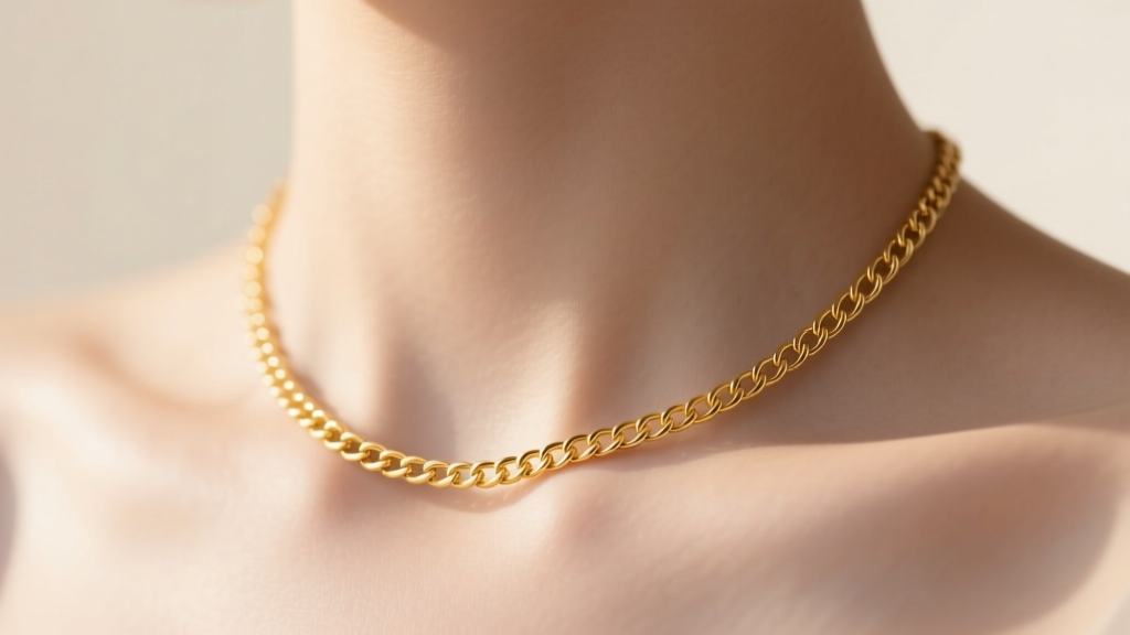 Close-up of a delicate 14k yellow gold box chain necklace on a collarbone, soft natural light, minimalist style.