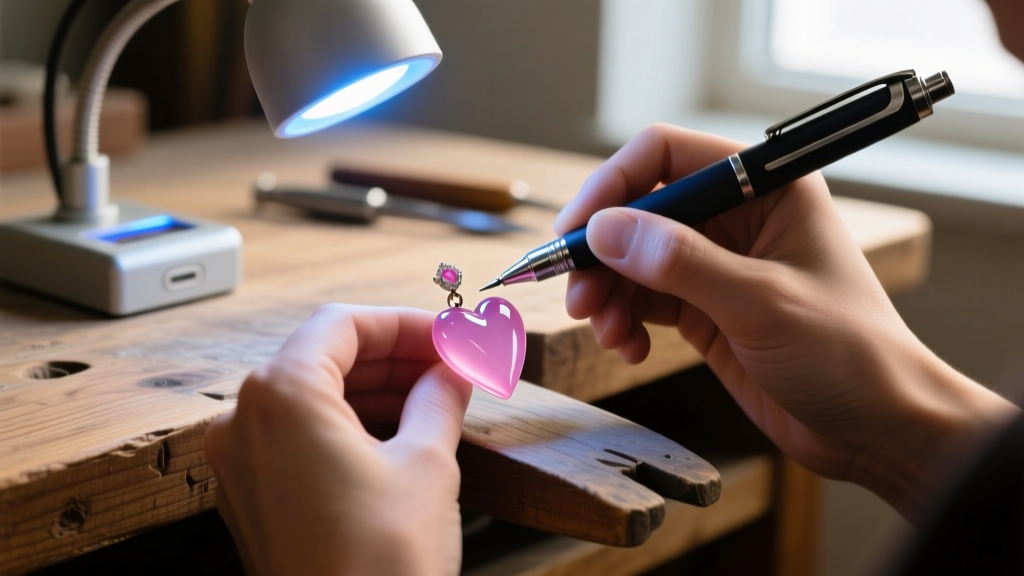 Close-up of a jeweler repairing a pink resin heart earring with a fine-tip UV pen and a small curing lamp on a wooden workbench