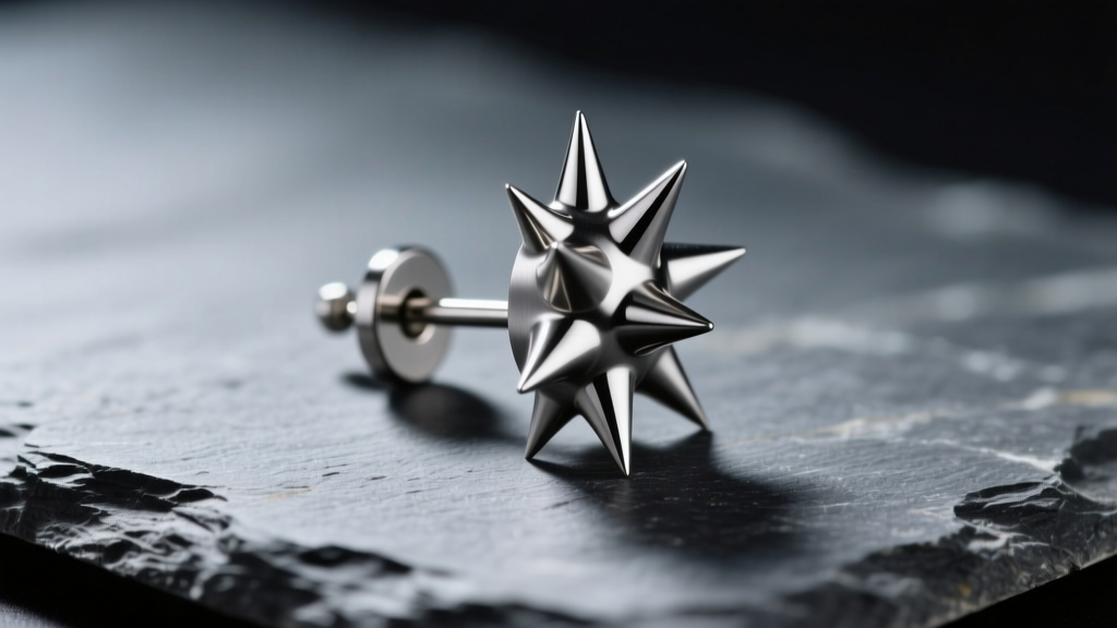 Macro view of a matte titanium spiky earring on slate, showing sharp points and an 18-gauge post under moody studio lighting.