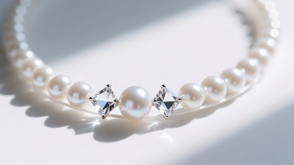 Macro shot of a necklace with lustrous white Akoya pearls interwoven with faceted clear quartz crystals on white silk thread.