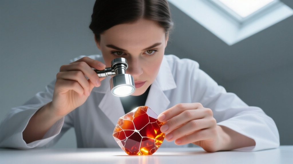 Jeweler using a loupe to inspect a carnelian chip for dye concentrations in fractures, illuminated by a bright LED gem light.