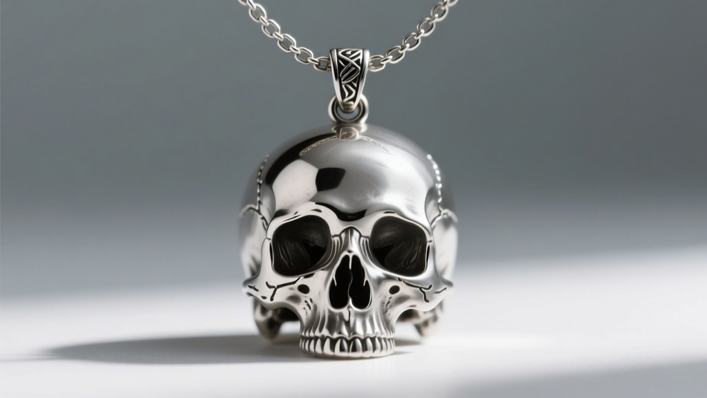 Close-up of a hidden bail on a pewter skull pendant, demonstrating how a 5mm box chain threads through the top of the cranium.