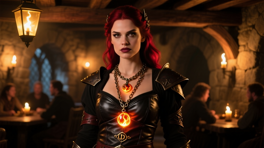Cosplayer in leather armor wearing a layered dnd necklace of fireballs over a dark tunic, illuminated by warm tavern lighting.