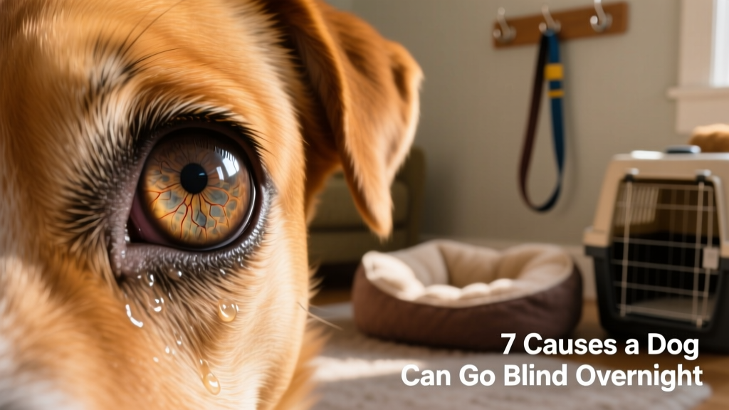 Close-up of a dog's eye showing cloudiness or abnormal reflection, illustrating potential ocular changes