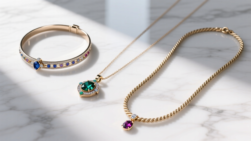Flat lay of three necklace lengths: a 14-inch choker, 18-inch pendant, and 24-inch rope chain arranged on white marble