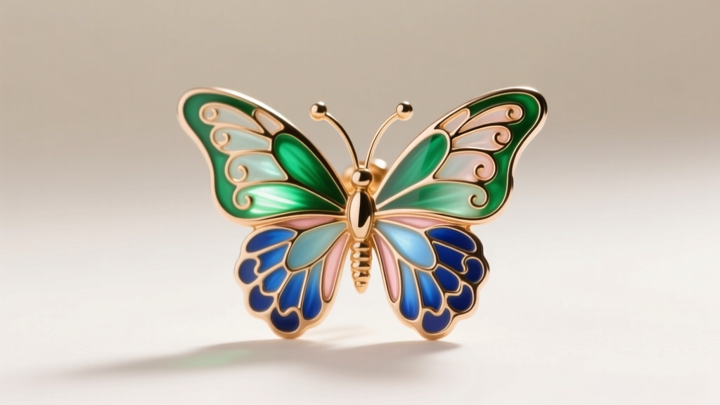 Macro photography of an Art Nouveau enameled plique-à-jour butterfly earring showing translucent backlit wings against a soft light.