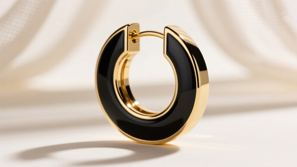 Macro close-up of a Tory Burch enamel hoop earring showing smooth black resin inlay and polished 12k gold-plated brass edges