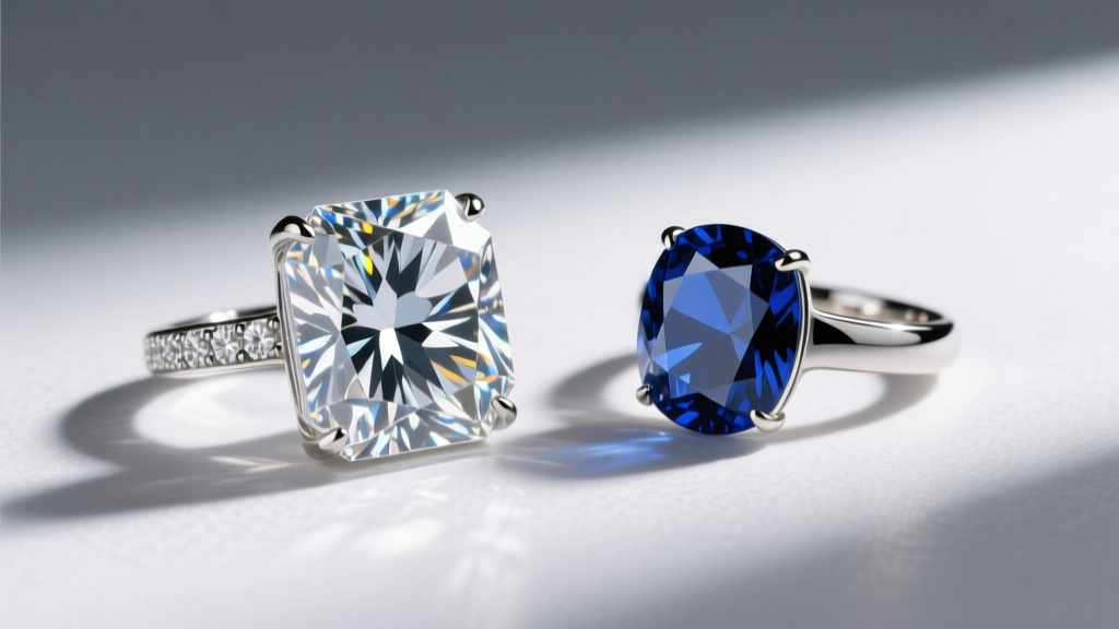 A side-by-side comparison of a large cubic zirconia cocktail ring and a lab-grown sapphire statement ring, softly lit.