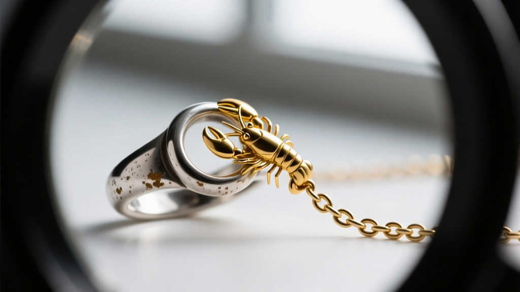 Loupe view of a tarnished sterling silver spring ring clasp being replaced by a polished 14k gold lobster clasp on a fine chain