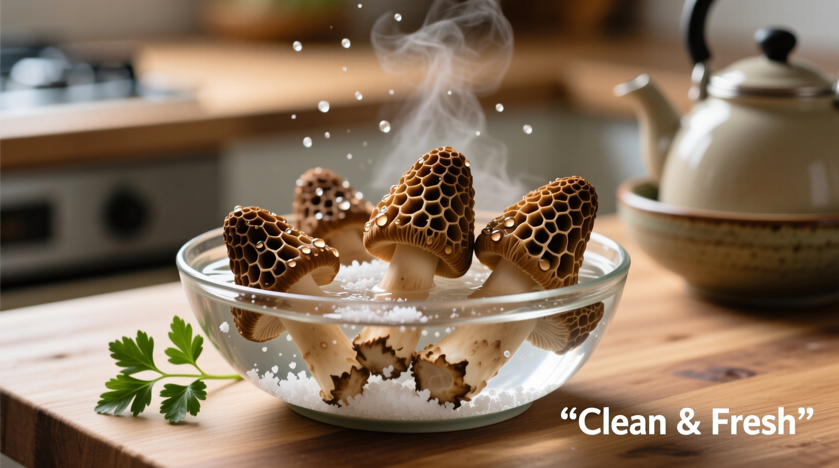 Fresh morel mushrooms being cleaned in salted water