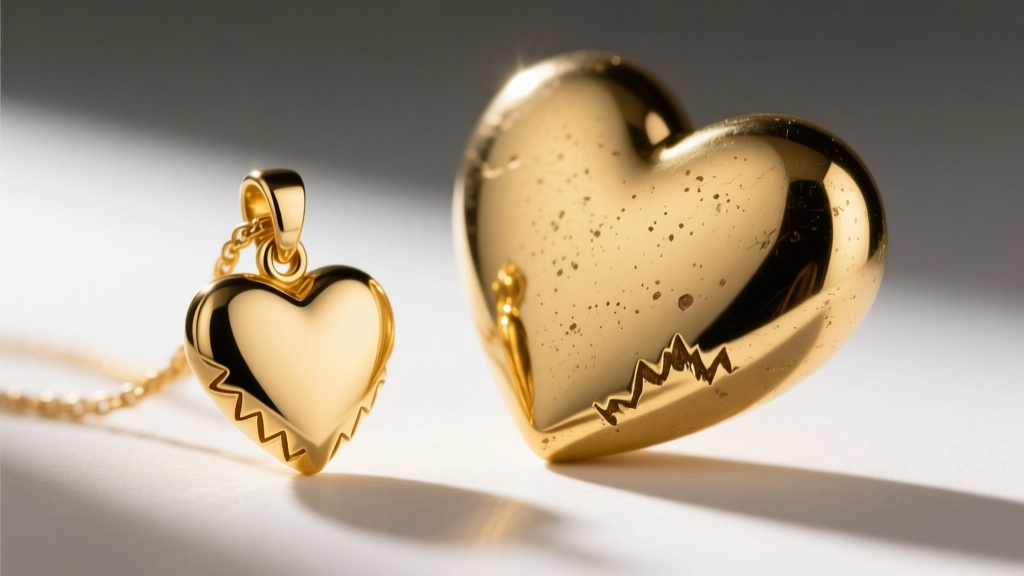 Macro shot of a worn gold vermeil small heart pendant next to a solid 14k gold heart, showing base metal exposure on the edge.
