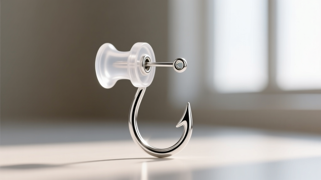 Clear silicone stopper slid onto the back of a sterling silver fish hook earring, sharp focus against a blurred background.
