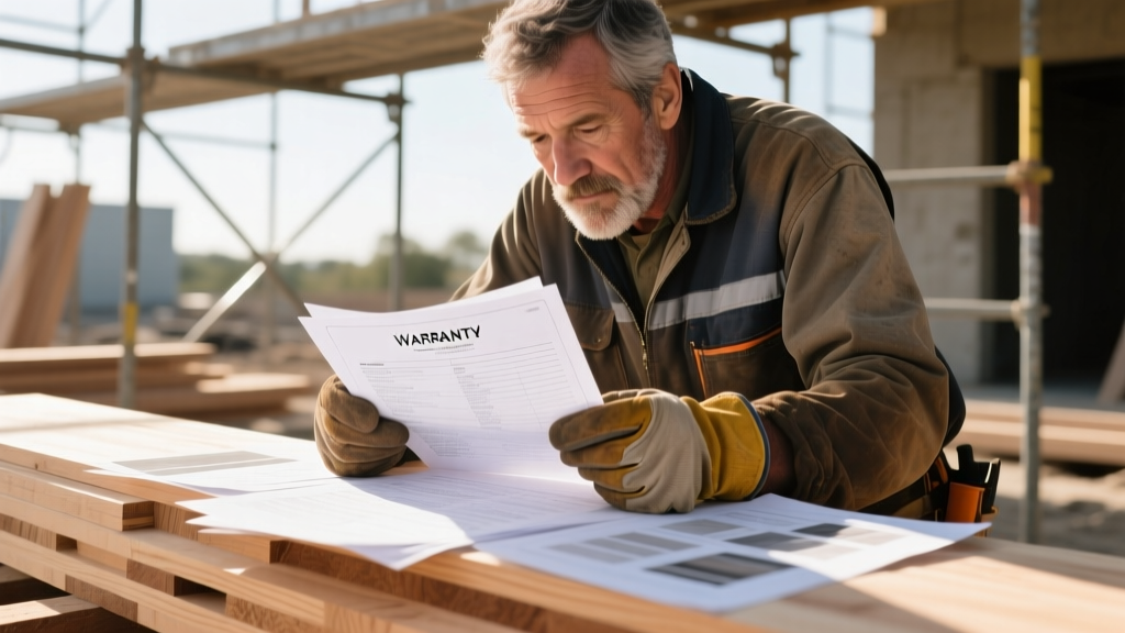 Close-up of a contractor reviewing a thick warranty document and material specification sheets on a stack of engineered lumber at a job site