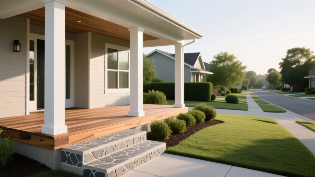 Craftsman-style front porch with composite decking, white tapered columns, and stamped concrete steps in a suburban home