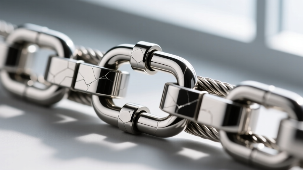 Macro photography of a 316L marine-grade stainless steel cable chain clasp, showing high polish and secure lobster claw mechanism.