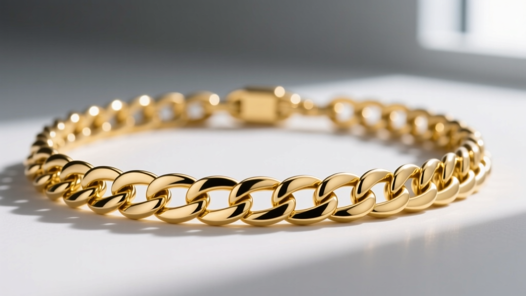 Macro shot of a polished 14k yellow gold curb linked chain necklace, focusing on the tight interlocking flat oval metal links.