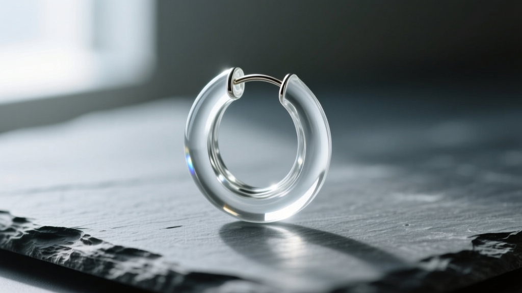 Close-up of an 18-gauge borosilicate glass clear hoop earring on textured slate, soft window light highlighting transparency.