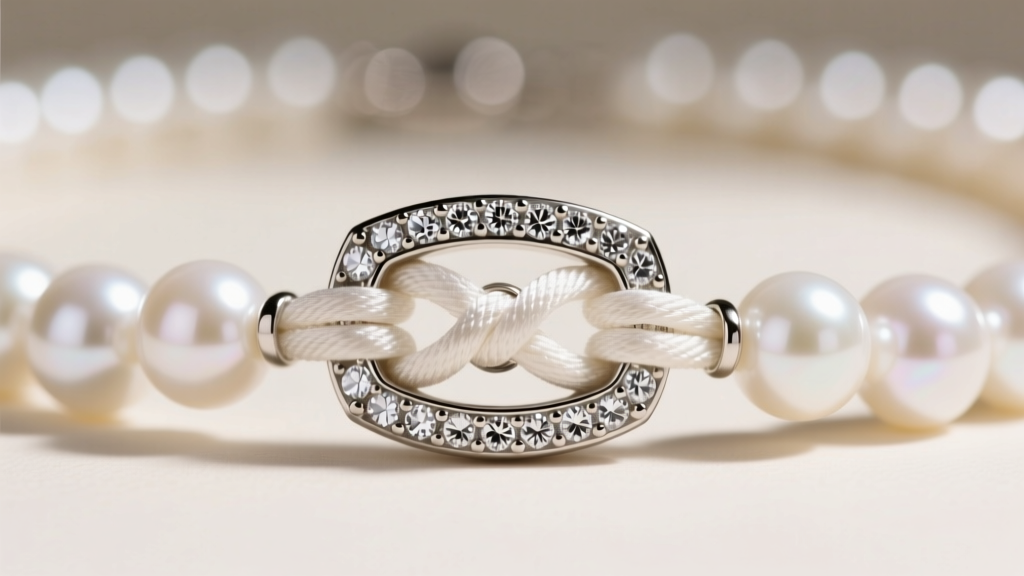 Macro close-up of a diamond-set barrel clasp on a silk-knotted white Akoya pearl necklace, highlighting the secure box mechanism.