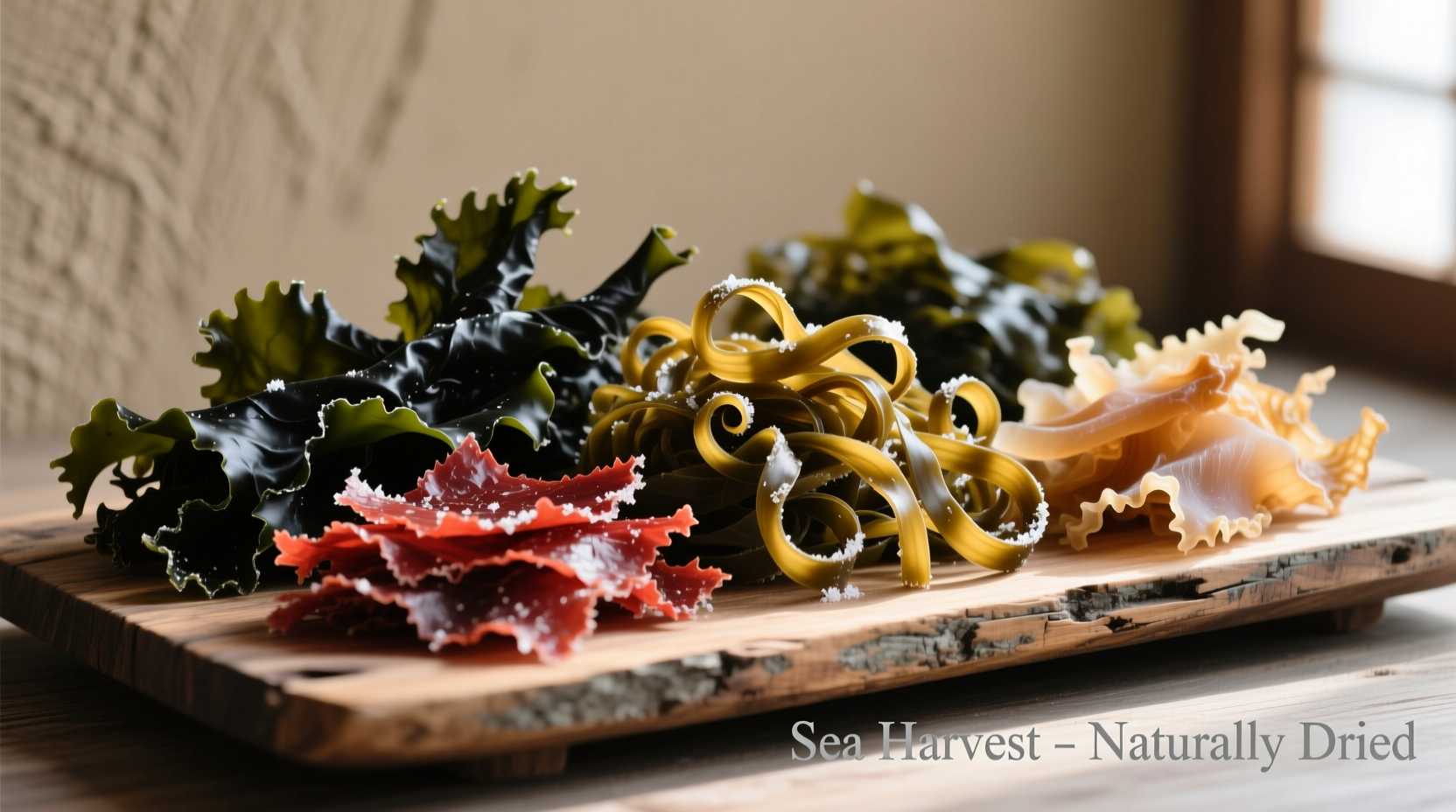 Various types of dried seaweed on wooden board