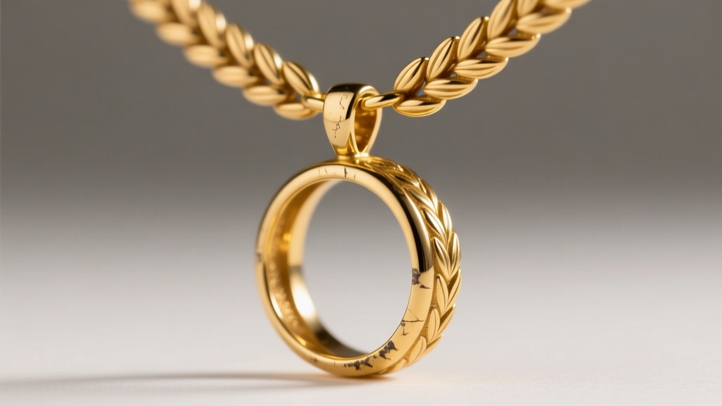 Macro shot of a vintage 18k yellow gold wedding band pendant showing worn patina, hanging from a matching gold wheat chain.