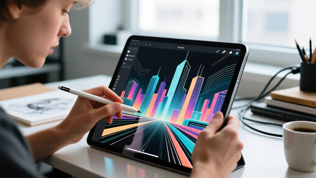 Close-up of a digital artist using an Apple Pencil Pro on an iPad Pro M4 screen showing intricate vector line art and shading