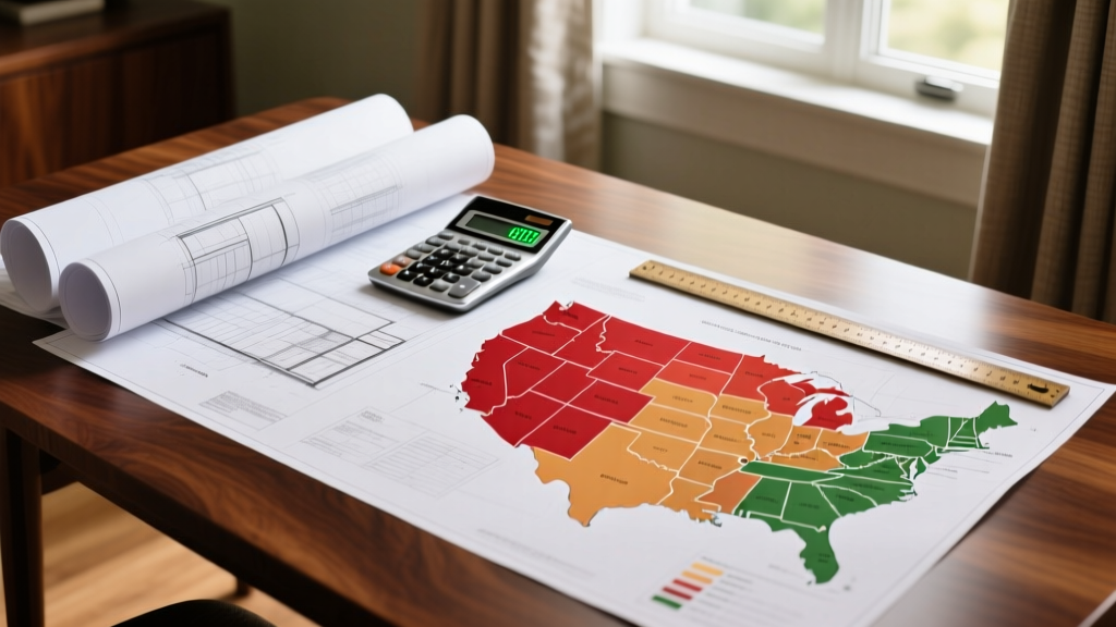 Architectural blueprints spread on a wooden table next to a calculator and regional US map highlighting construction cost zones