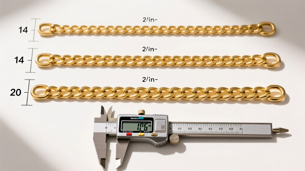 Top-down view of four gold chains in two-inch increments from 14 to 20 inches, measured precisely with a steel digital caliper.