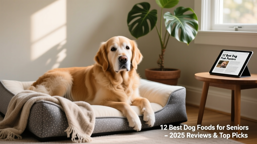 Senior golden retriever resting comfortably on a soft orthopedic dog bed, looking relaxed and well-cared-for