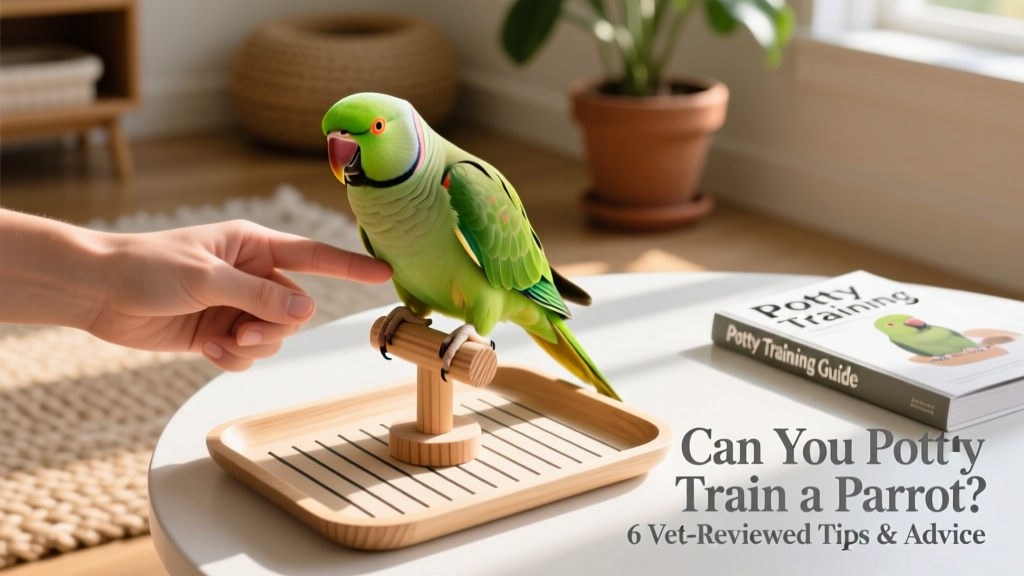 A hand holding a cheerful green parrot perched on a finger near a small, clean perch with a lined tray beneath