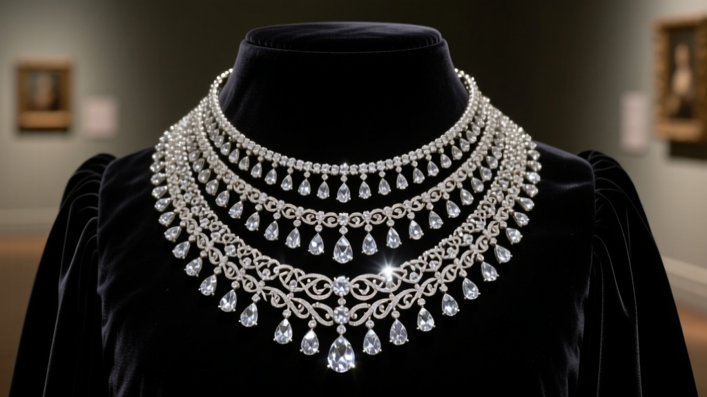Multi-tiered diamond festoon necklace inspired by the Marie Antoinette affair draped over dark velvet under soft gallery lighting.