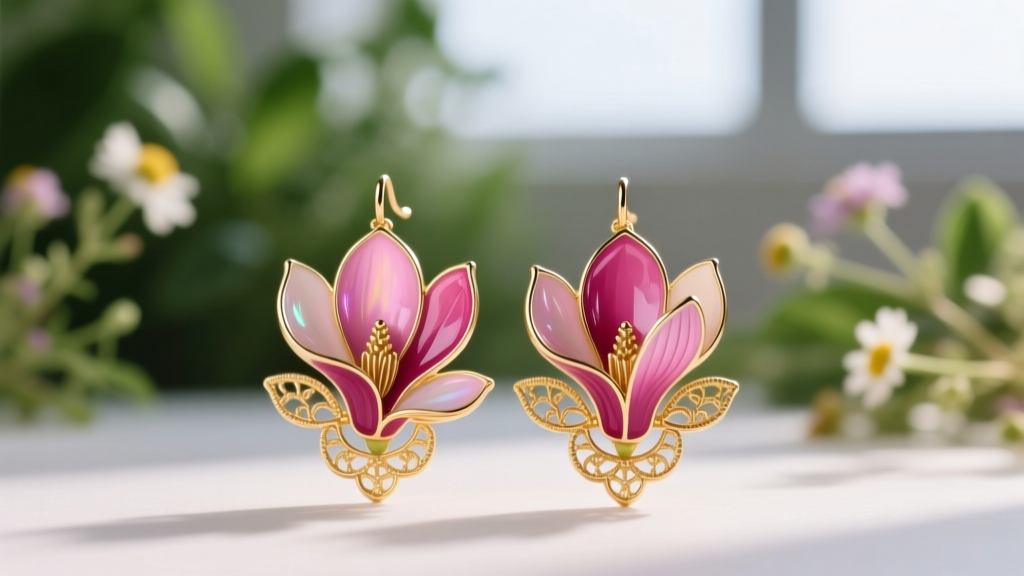 Macro shot of champlevé enamel magenta magnolia earrings with intricate gold wirework borders against a blurred botanical backdrop