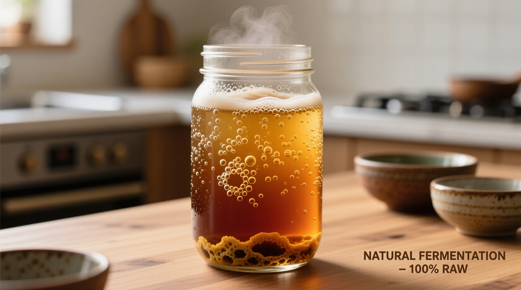Kombucha in glass showing natural carbonation