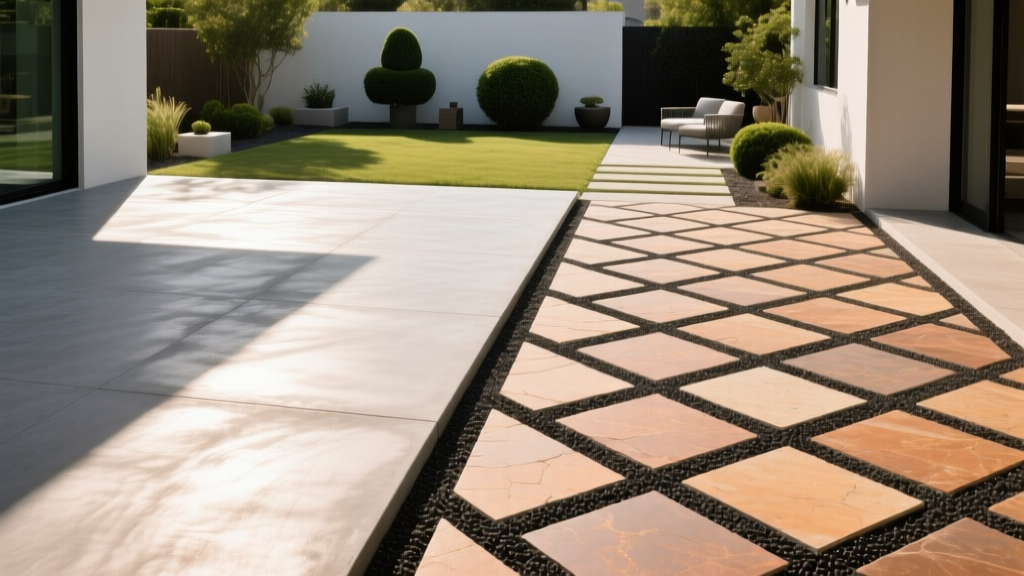 Poured broom-finish concrete patio next to a herringbone paver patio with dark polymeric sand joints in a sunny backyard.