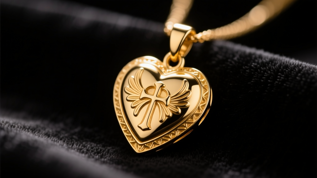 Macro photography of a detailed 14k solid gold sacred heart pendant resting on dark velvet cloth under warm focused studio lighting