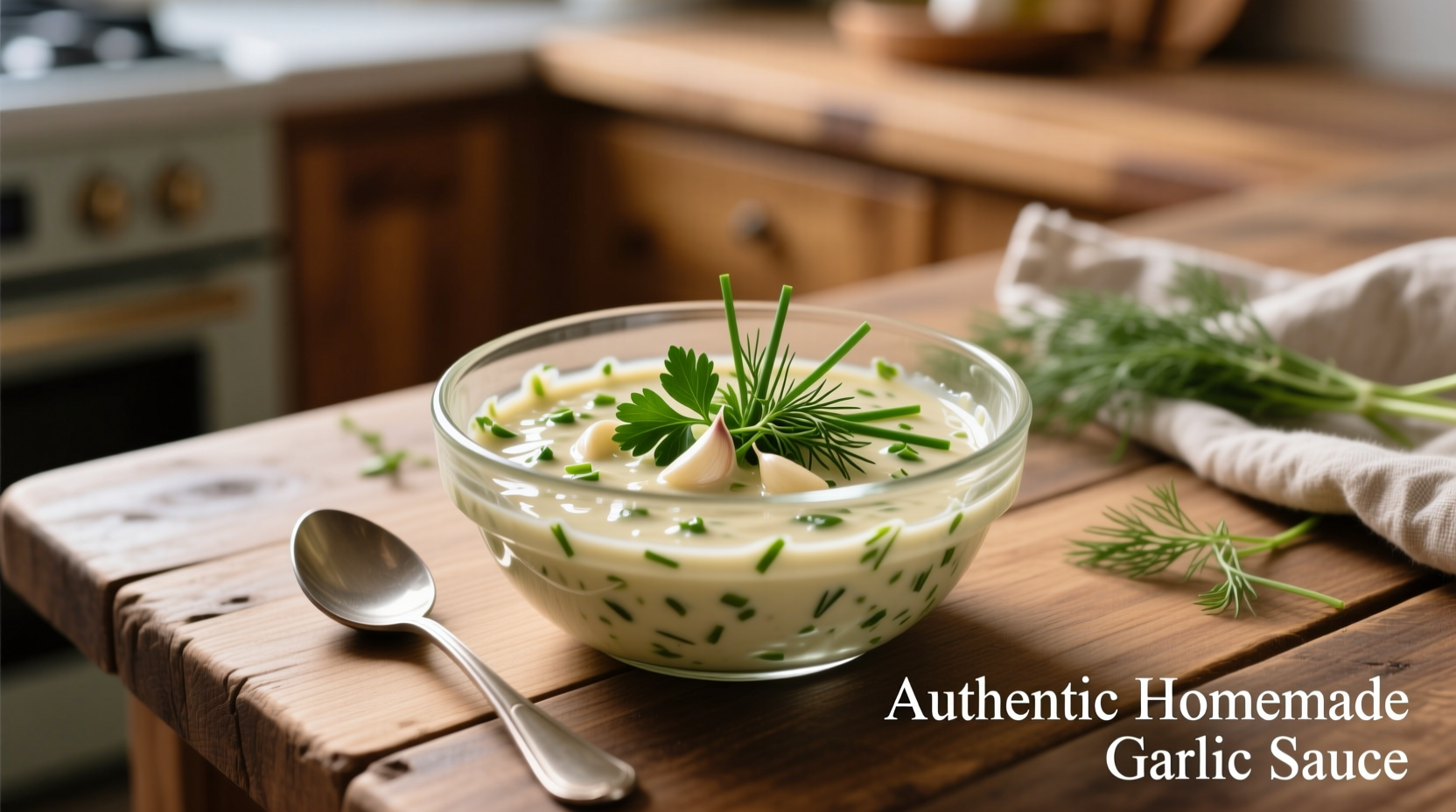 Homemade garlic sauce in glass bowl with fresh herbs