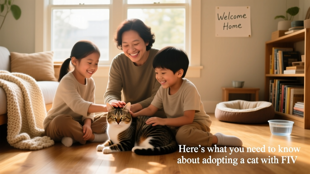 A smiling family sitting on the floor with their newly adopted FIV+ cat, gently petting its head