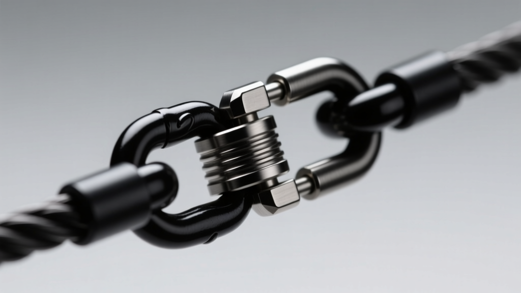 Close-up of a black breakaway safety clasp on a 316L stainless steel cable chain, highlighting the tension release mechanism