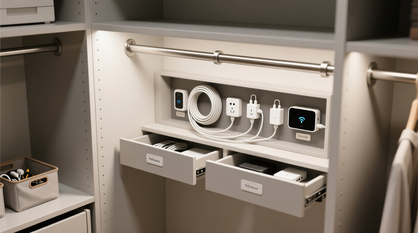 closet organization tips hide cables charging stations