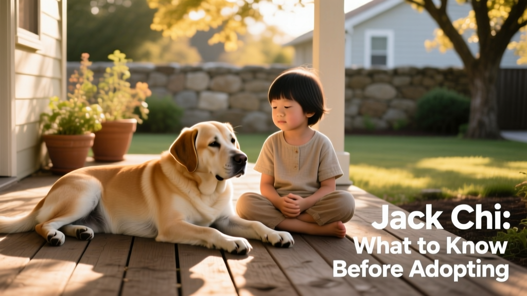 A Jack Chi calmly resting beside a child who is sitting quietly nearby, demonstrating calm, supervised interaction