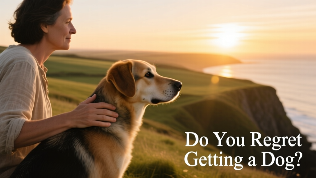 A supportive hand resting gently on a dog's back as both look toward the horizon