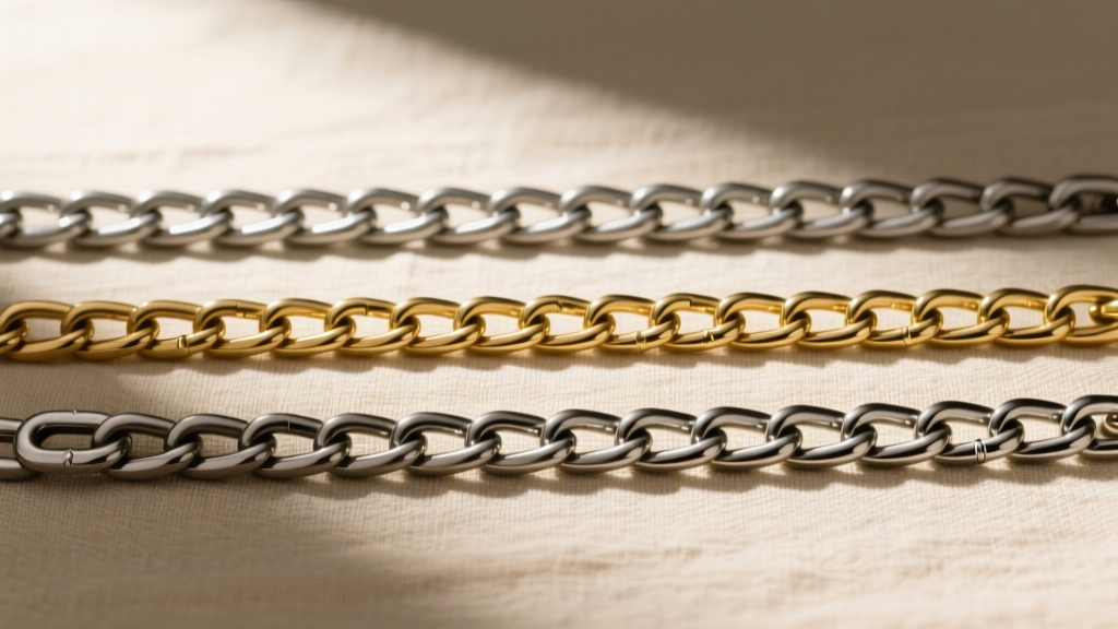 Flat lay styling of three mixed-metal curb chains in varying widths from 2mm to 8mm, arranged neatly on textured beige linen.