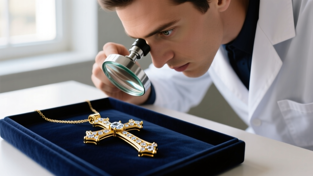 Jeweler using a loupe to inspect the prongs of a vintage 14k gold and diamond cross pendant resting on a dark velvet display tray