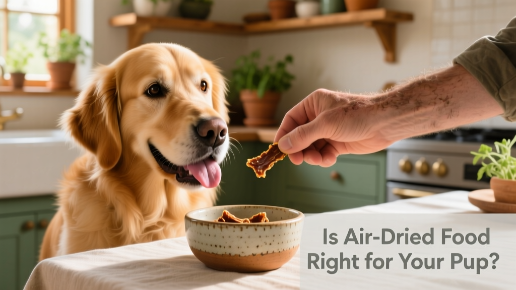 Dog happily eating air-dried food from a ceramic bowl, with owner’s hand gently offering a piece