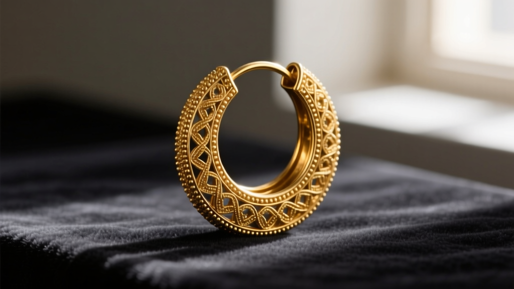 Macro photo of an ancient Near Eastern 22k gold hoop earring featuring intricate granulation, resting on dark charcoal velvet.